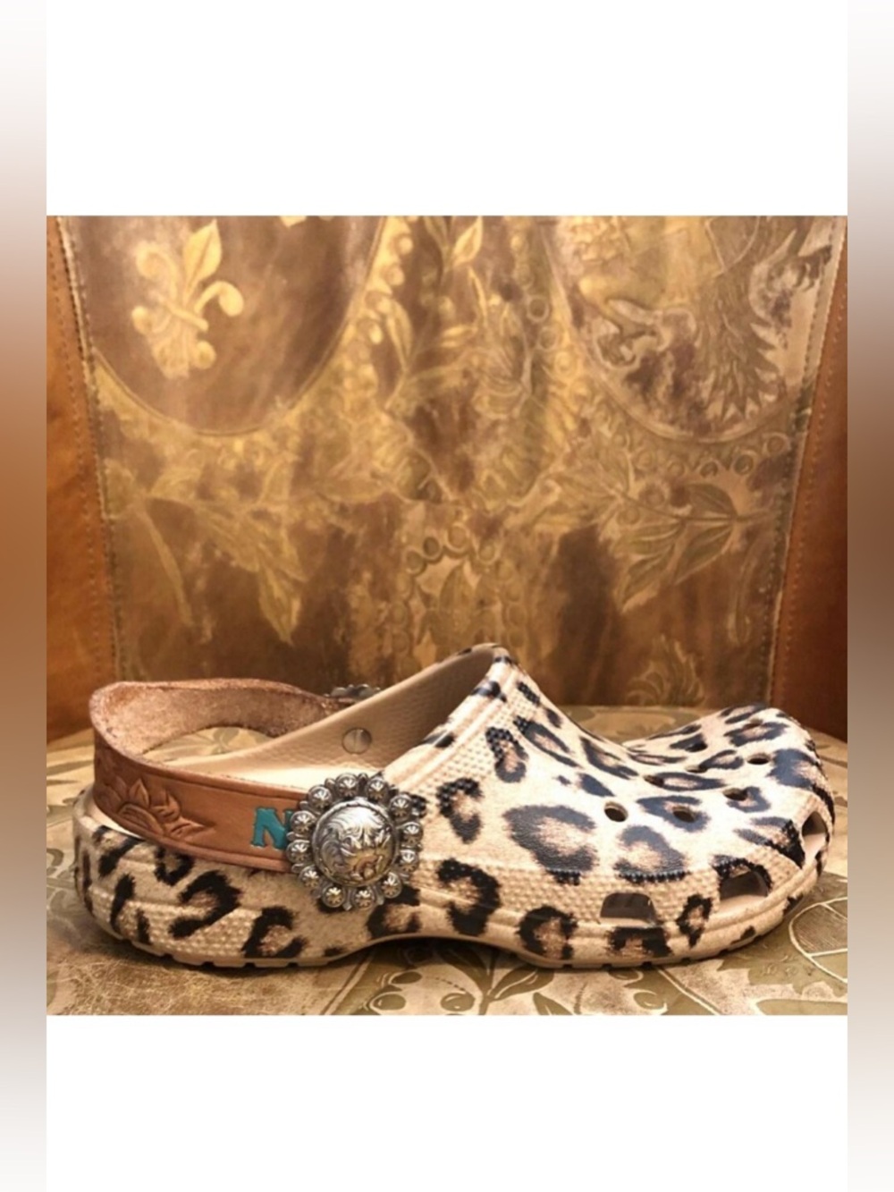 CROCS Custom Strap Cowgirl Concho Clogs Tooled Leather Leopard Print 6 - Picture 3 of 9